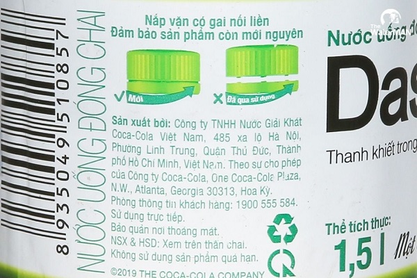 Thông tin trên nhãn chai nước Dasani